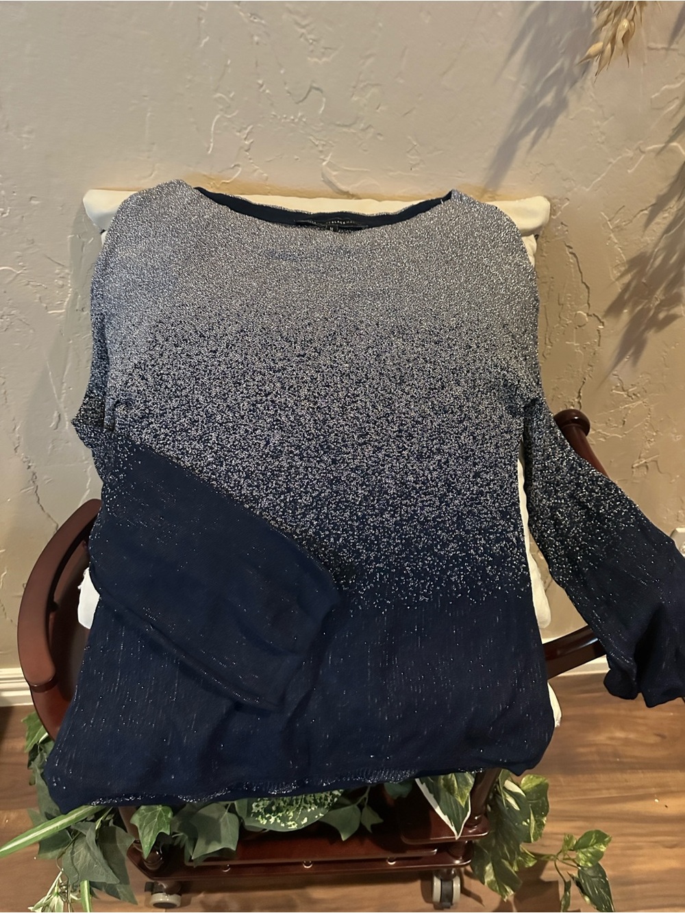 White House Black Market Navy Ombre Sparkle Crew Sweater